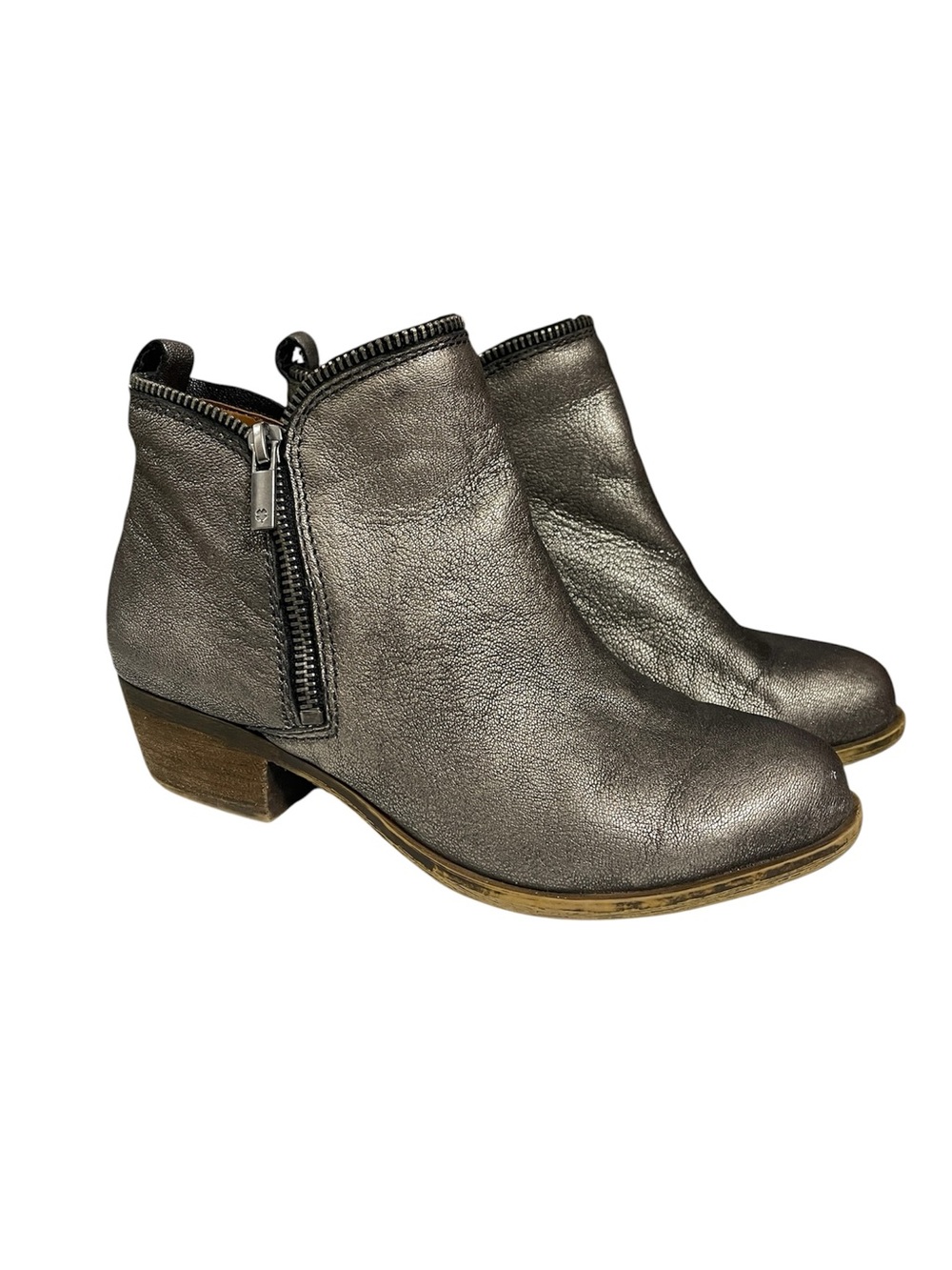 Lucky Brand Metallic Pewter Gray Leather Ankle Booties
